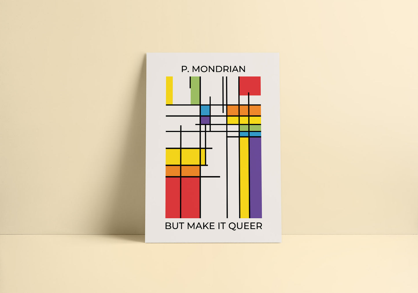 A minimalist decor with an abstract poster with LGBTQ+ pride colors in Mondrian style