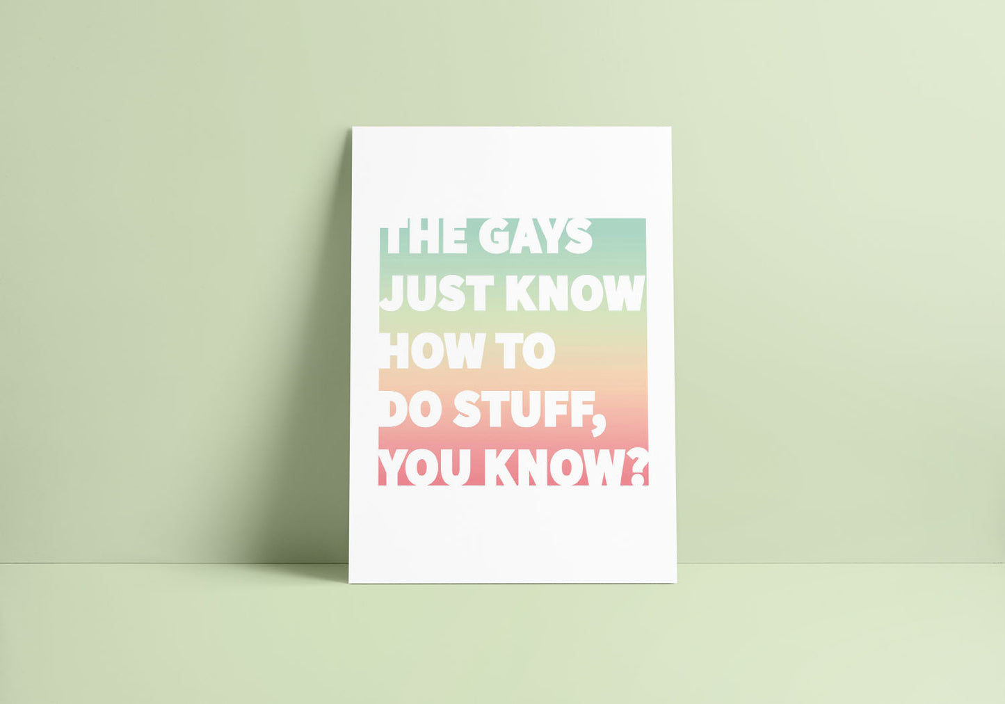 A minimalist decor with a pop culture queer inspired wall art featuring iconic line from The White Lotus.