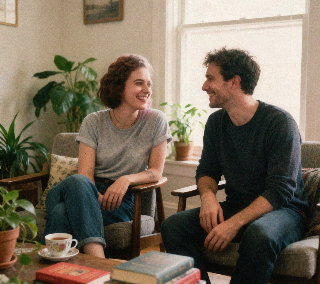 A smiling ENM couple sits at a table, drinking tea and looking at each other. Books, a big window and vibrant plants create a cozy, warm ambiance.