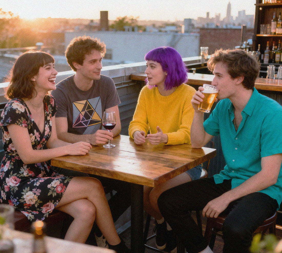 A diverse group sitting together at a rooftop patio are engaged in a conversation. The environment is modern, with plants and natural light that conveys comfort, curiosity, and emotional connection.