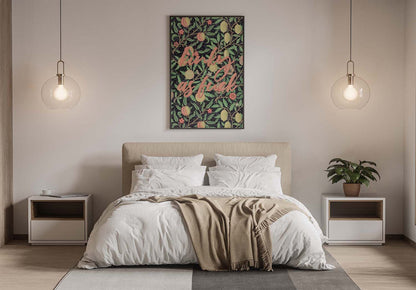 Cozy bedroom with a bed, white bedding, a throw, and a framed bold print on the wall displaying a bold pleasure-positive phrase in a colorful font. Modern pendant lights and a plant on nightstands add warmth.