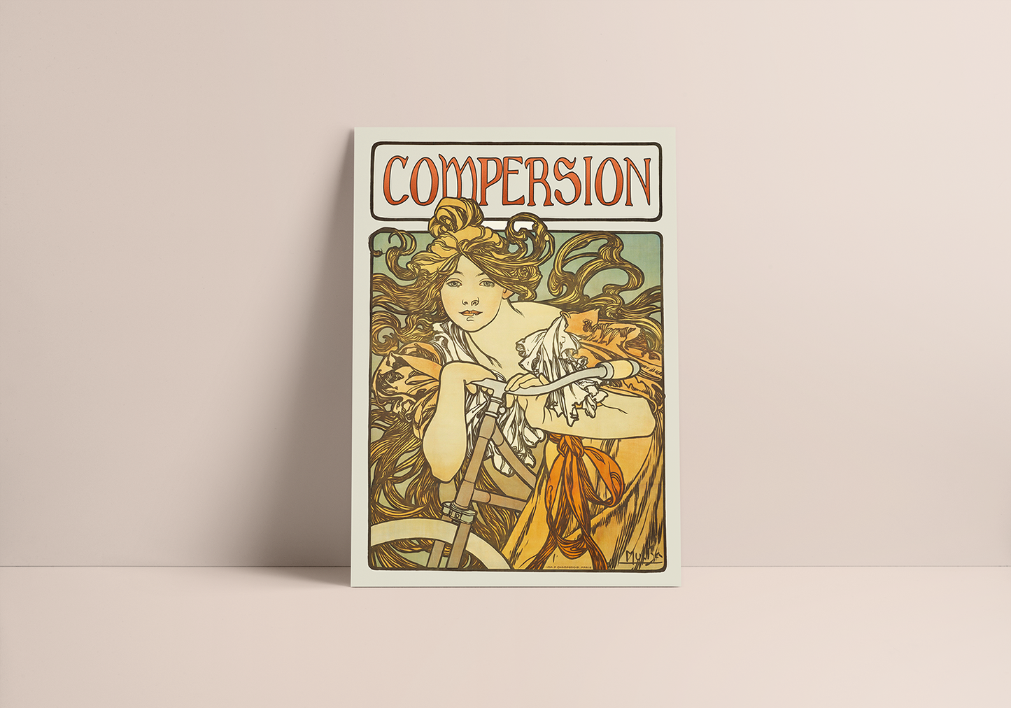Vintage revisited Mucha poster featuring Art Nouveau design and the word "COMPERSION" at the top for celebrstion of ethical non-monogamy and adding a touch of vintage elegance to any space.
