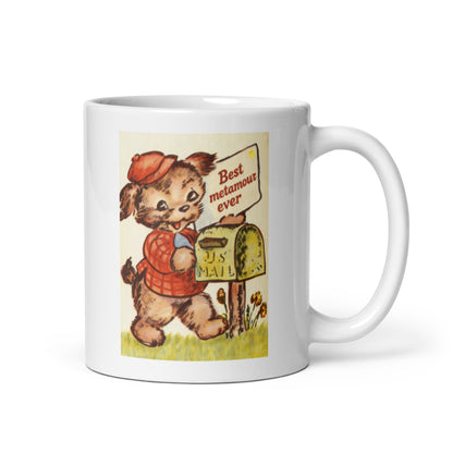 White ceramic mug with a vintage-style illustration and the text “Best Metamour Ever,” a playful polyamory coffee cup celebrating supportive ENM relationships.