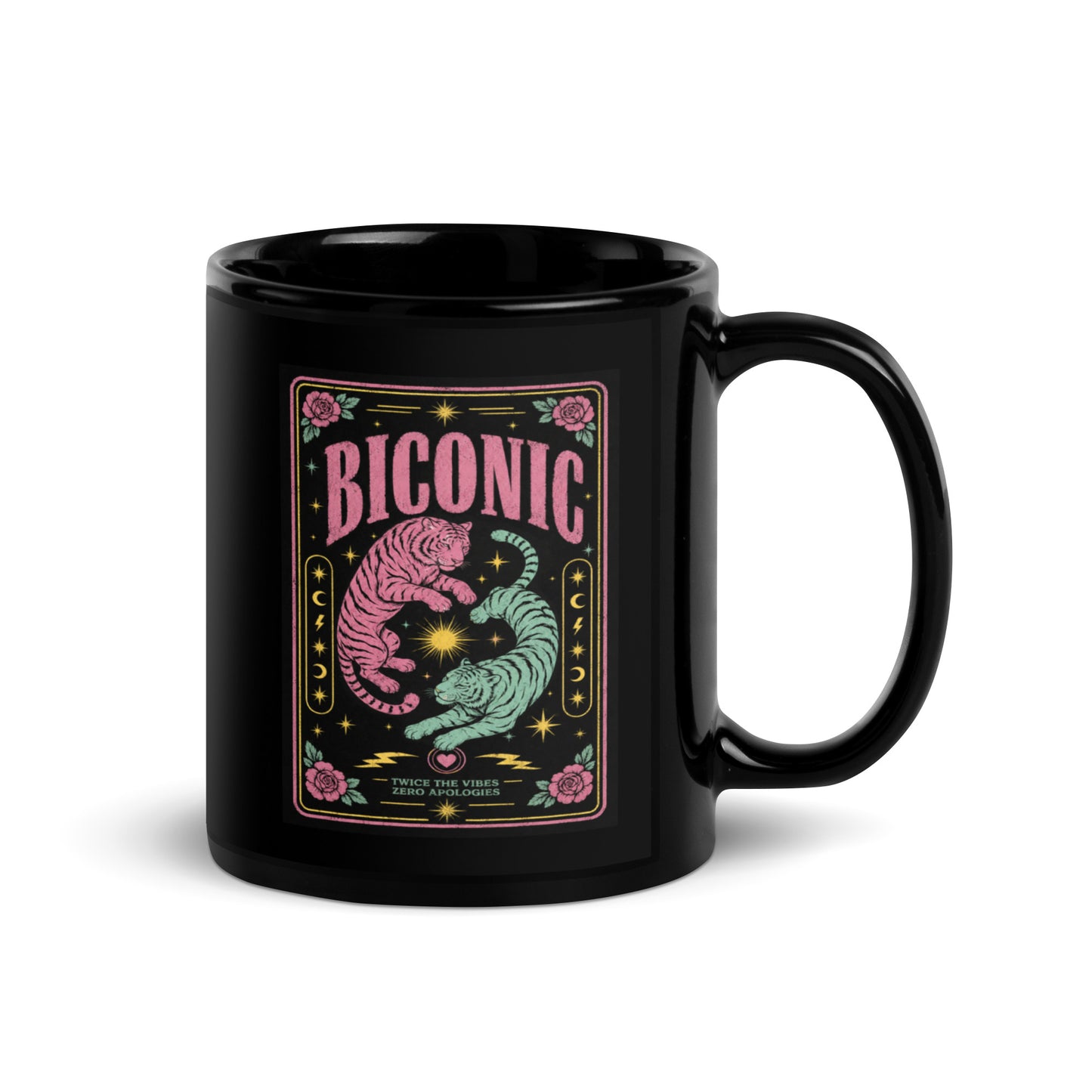 Black ceramic mug featuring colorful BICONIC tiger artwork with celestial stars and roses celebrating bisexual pride, LGBTQ+ identity and bold queer self-expression.
