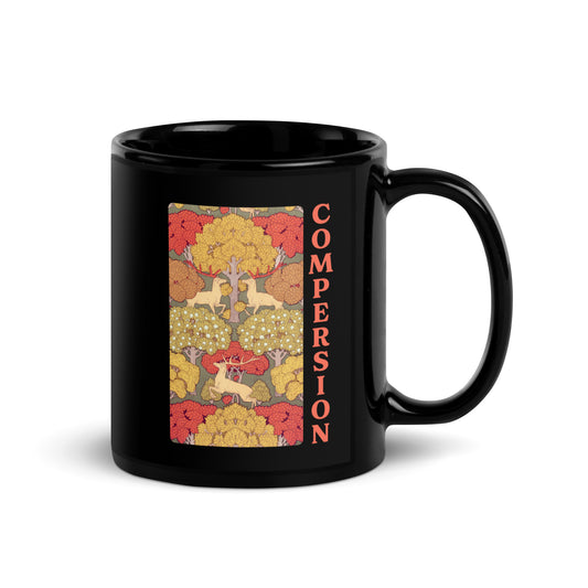 Black ceramic mug featuring whimsical woodland Compersion artwork with forest-inspired illustration celebrating polyamory, ENM, compersion and joyful relationships.