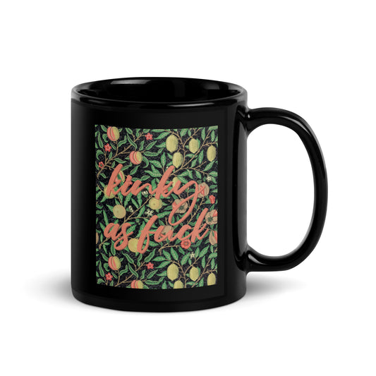 Glossy ceramic mug with bold vintage fruits design – pleasure-positive coffee cup for expressive lifestyle