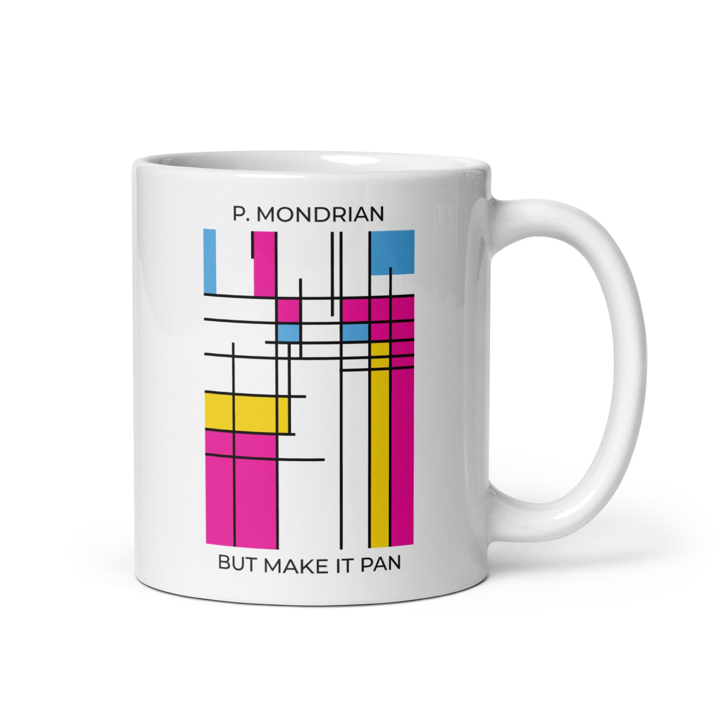Glossy ceramic mug with Pan Mondrian color block design – queer pride drinkware for daily coffee fixes and gifting to pan babes