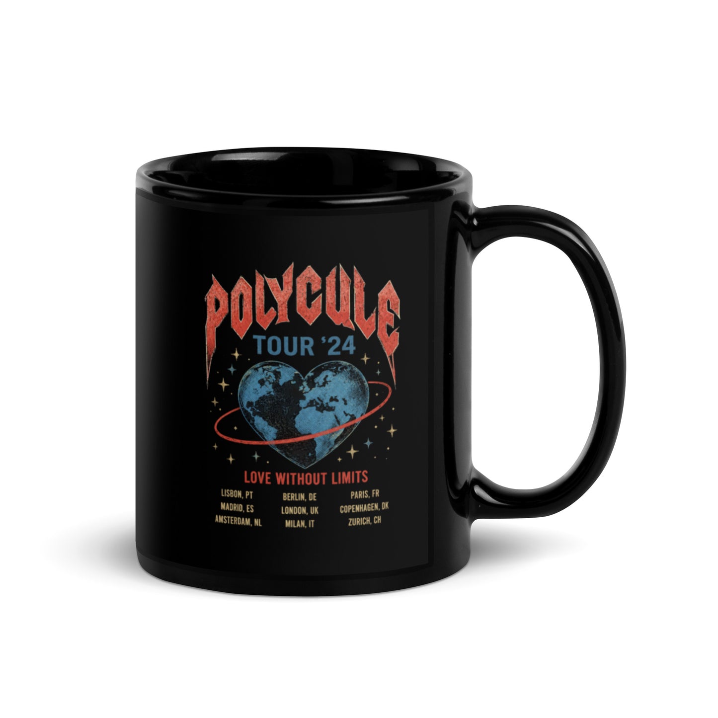 Black ceramic mug featuring vintage Polycule Tour concert graphic with heart globe illustration celebrating polyamory, ENM, metamours and love without limits.