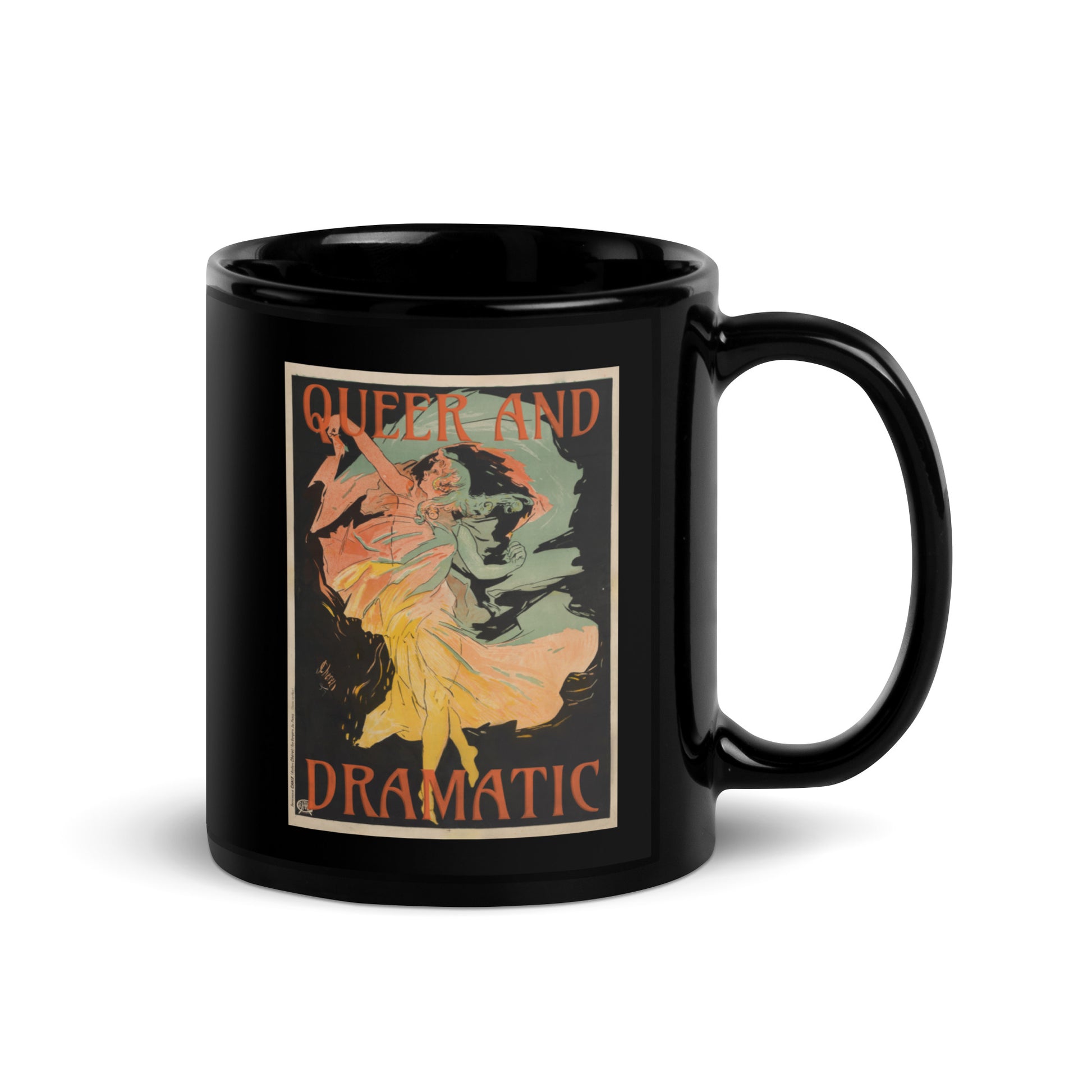 Vintage glossy ceramic mug with bold "Queer and dramatic" quote – dramatic flair for expressive daily coffee moments