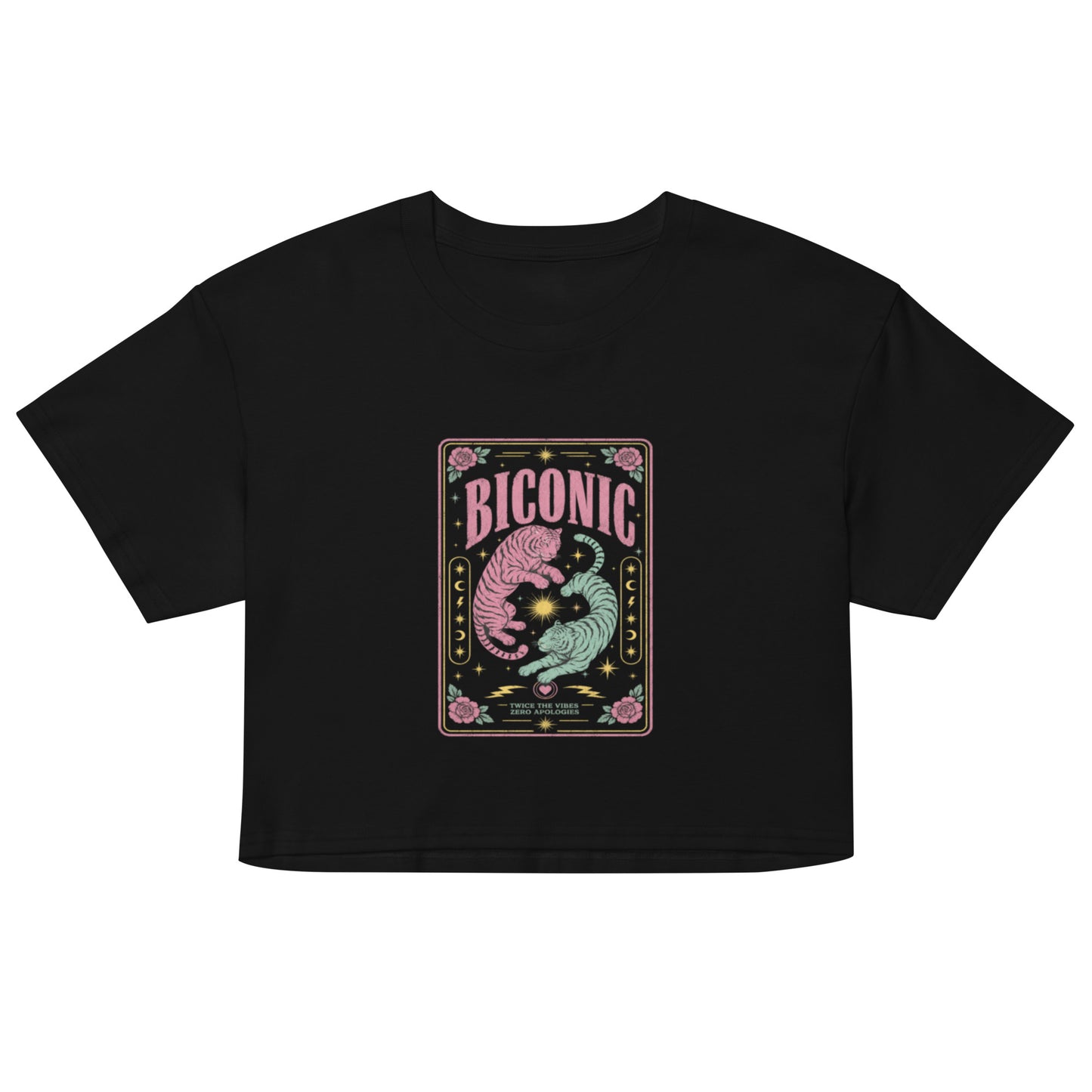 Black unisex cropped t-shirt featuring colorful BICONIC bisexual pride tiger artwork with celestial stars, roses and bold LGBTQ+ graphic design for queer alternative fashion.