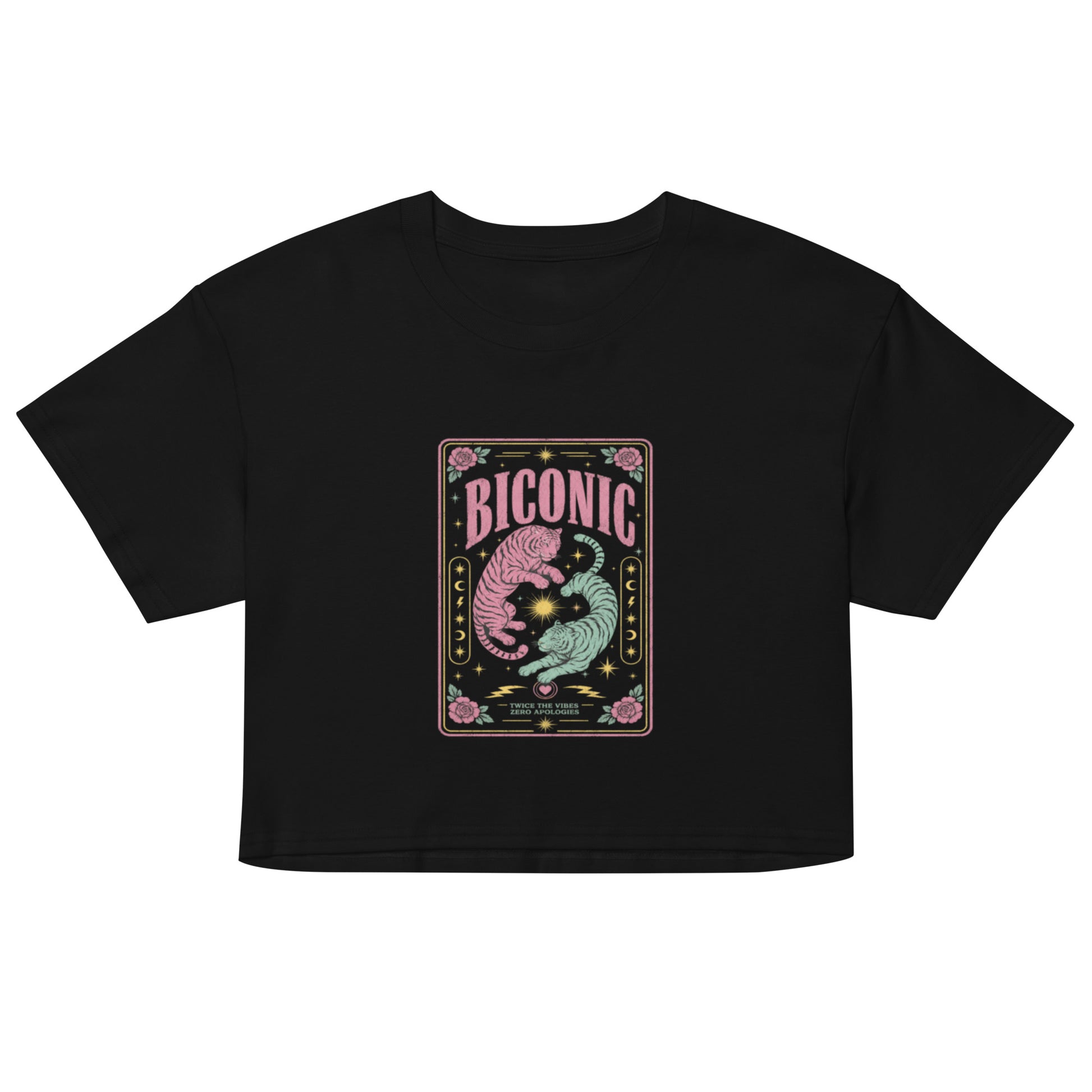 Black unisex cropped t-shirt featuring colorful BICONIC bisexual pride tiger artwork with celestial stars, roses and bold LGBTQ+ graphic design for queer alternative fashion.