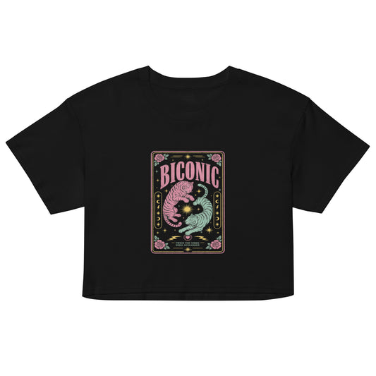 Black unisex cropped t-shirt featuring colorful BICONIC bisexual pride tiger artwork with celestial stars, roses and bold LGBTQ+ graphic design for queer alternative fashion.