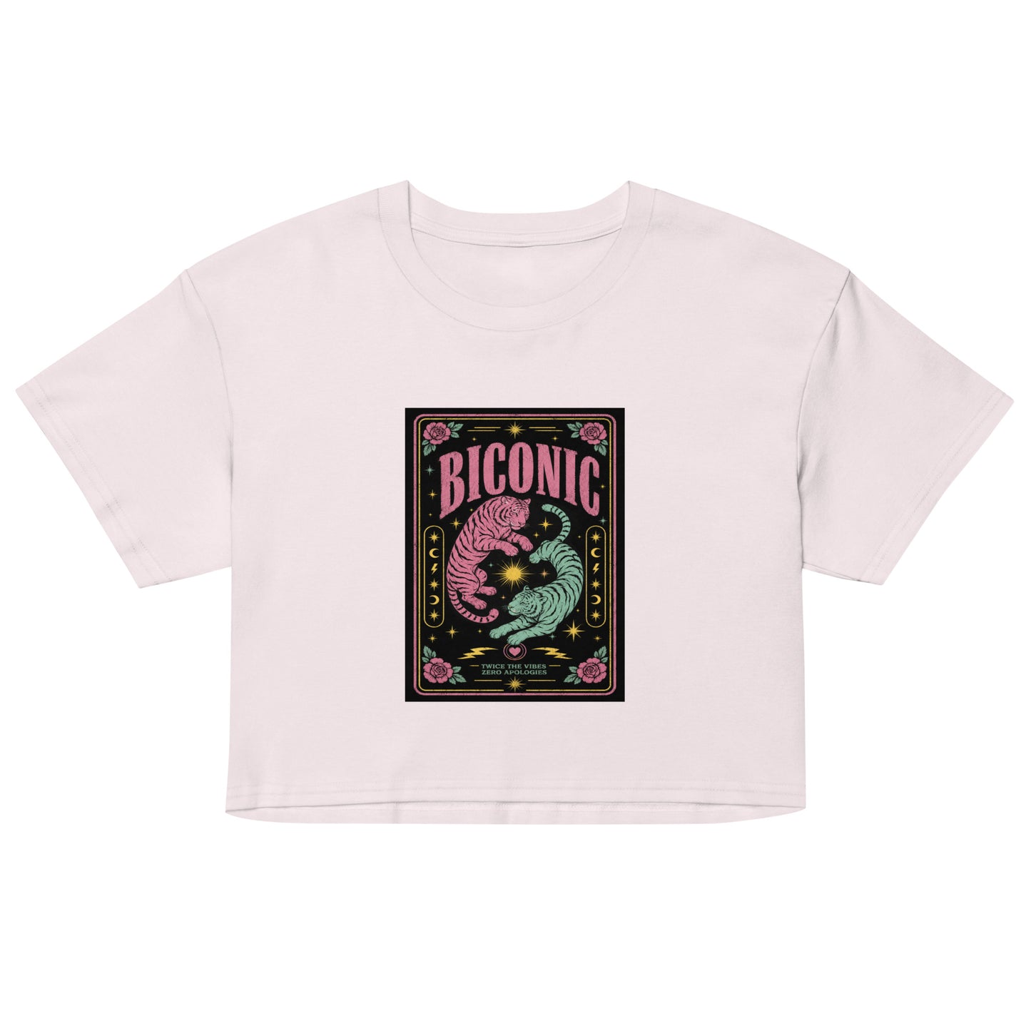 Unisex crop top featuring colorful pink and teal tiger artwork with the word "BICONIC," celestial motifs, roses and bisexual pride-inspired graphic illustration for queer affirmation.