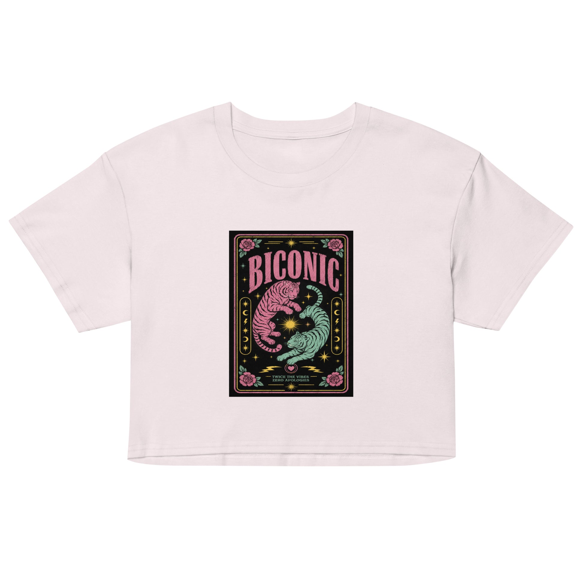 Unisex crop top featuring colorful pink and teal tiger artwork with the word "BICONIC," celestial motifs, roses and bisexual pride-inspired graphic illustration for queer affirmation.