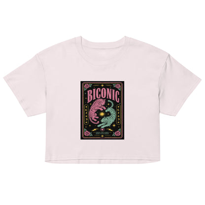 Unisex crop top featuring colorful pink and teal tiger artwork with the word "BICONIC," celestial motifs, roses and bisexual pride-inspired graphic illustration for queer affirmation.