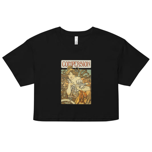 Black crop top with vintage Art Nouveau design and compersion symbol – ethical non-monogamy tee for polyamory visibility