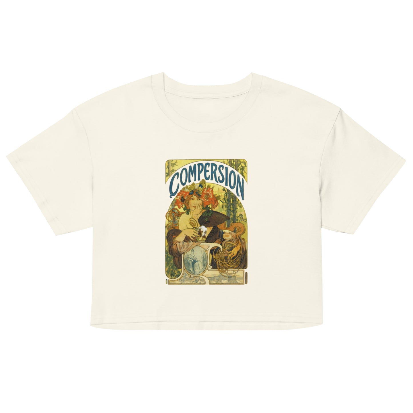 Off white cotton crop top with vintage compersion polyamory symbol – ethical non-monogamy tee for ENM pride and metamours