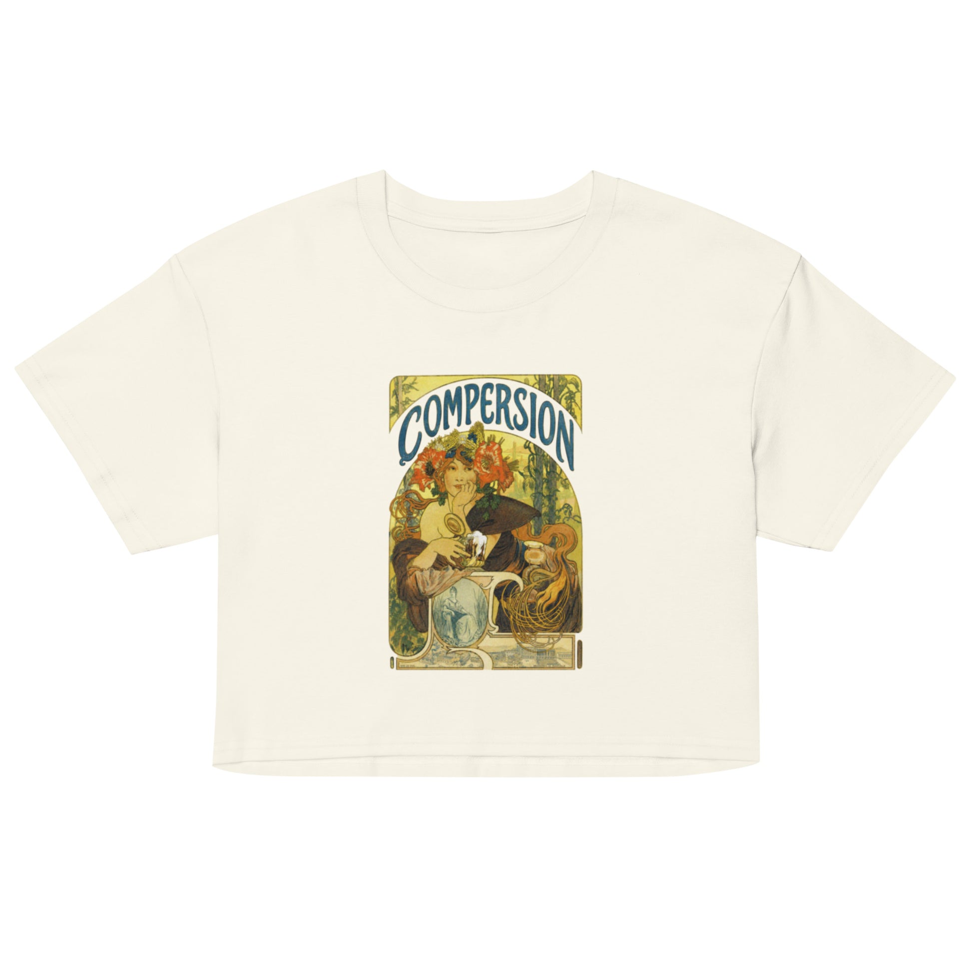 Off white cotton crop top with vintage compersion polyamory symbol – ethical non-monogamy tee for ENM pride and metamours
