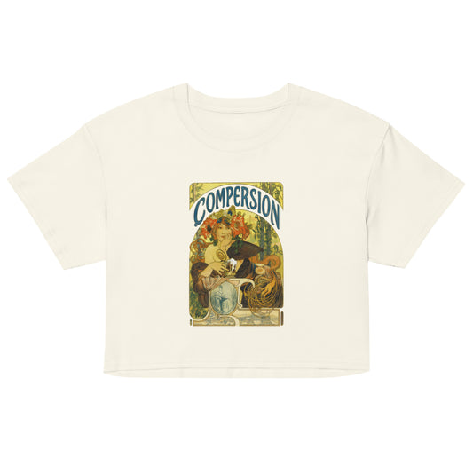 Off white cotton crop top with vintage compersion polyamory symbol – ethical non-monogamy tee for ENM pride and metamours