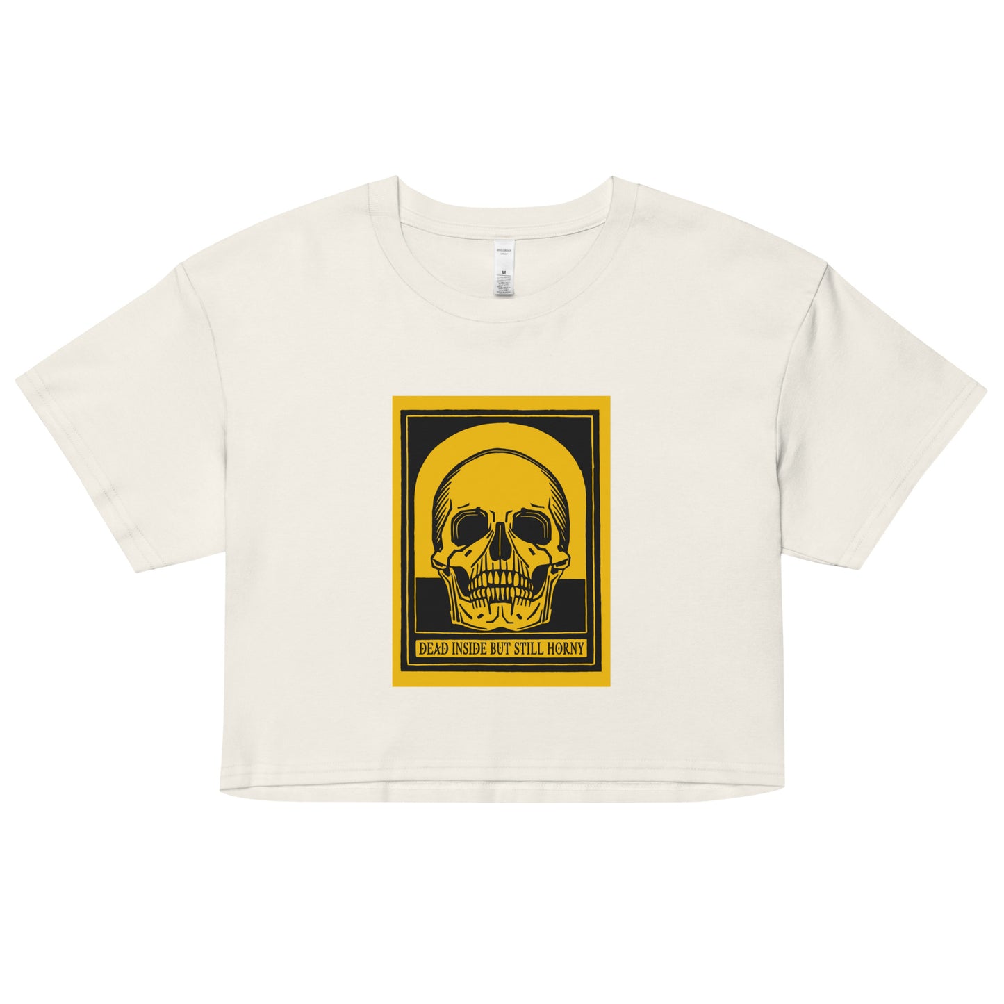 Cotton crop top with yellow vintage skull Dead Inside quote – sarcastic humor apparel for neurodivergent pride and alt fashion looks