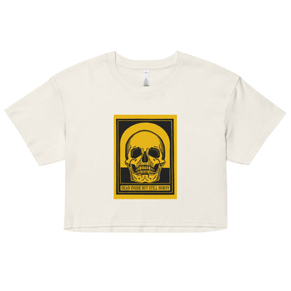Cotton crop top with yellow vintage skull Dead Inside quote – sarcastic humor apparel for neurodivergent pride and alt fashion looks