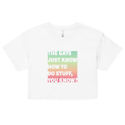 Rainbow cotton crop top with quote from The White Lotus – soft LGBTQ+ Jennifer Coolidge apparel for pride events and queer visibility