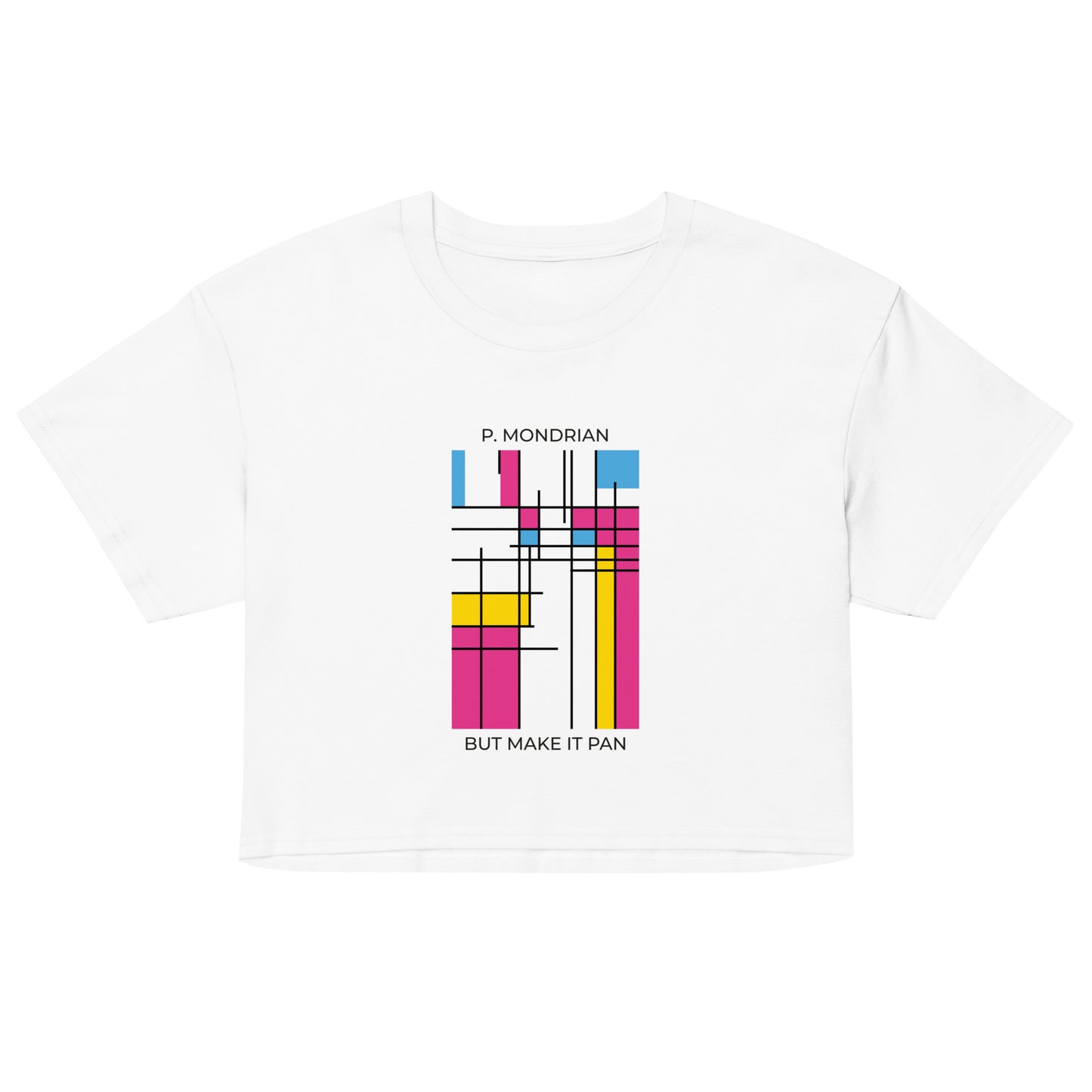 Cropped unisex t-shirt with a Mondrian inspired grid pattern in pansexual pride flag colors, worn as pan pride apparel.