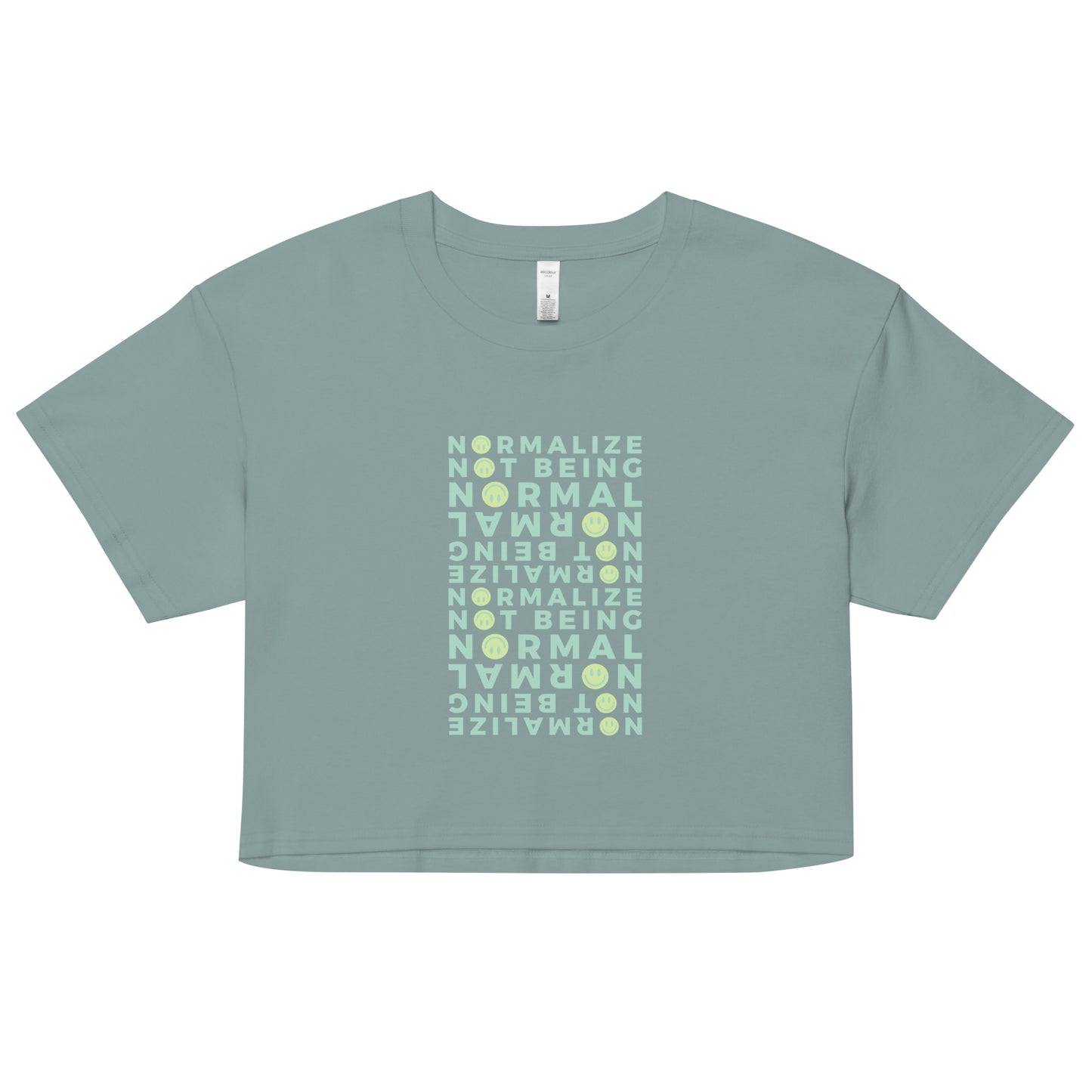 Light green cotton crop top with neurodivergent affirmation and smiley design – soft tee for non-normative pride and empowerment”