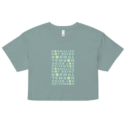 Light green cotton crop top with neurodivergent affirmation and smiley design – soft tee for non-normative pride and empowerment”