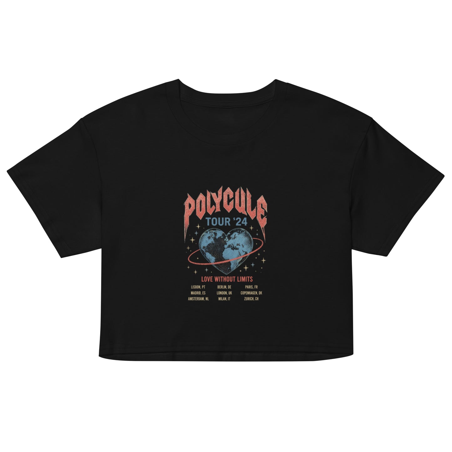 Black unisex crop top featuring a vintage rock band tour style "Polycule Tour '24" design with a heart-shaped globe and retro tour dates celebrating polyamory and ENM.