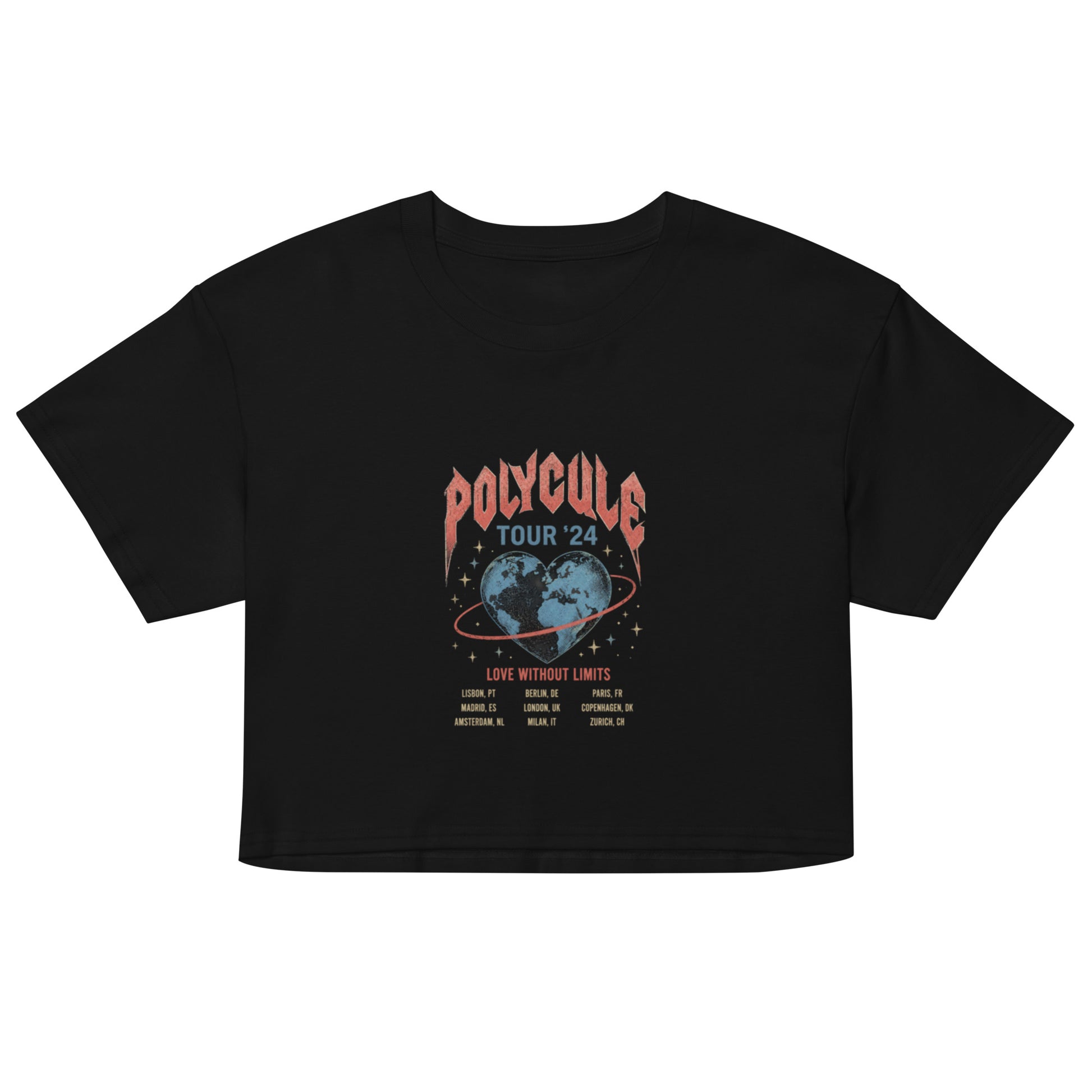 Black unisex crop top featuring a vintage rock band tour style "Polycule Tour '24" design with a heart-shaped globe and retro tour dates celebrating polyamory and ENM.