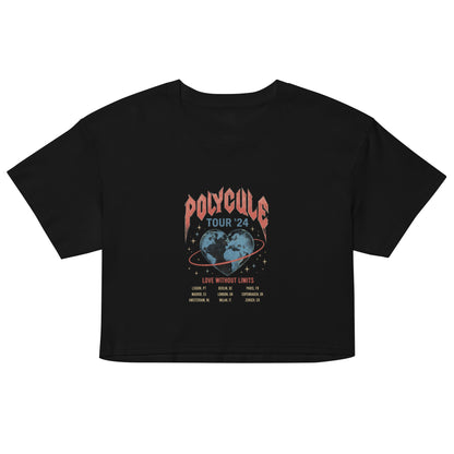 Black unisex crop top featuring a vintage rock band tour style "Polycule Tour '24" design with a heart-shaped globe and retro tour dates celebrating polyamory and ENM.