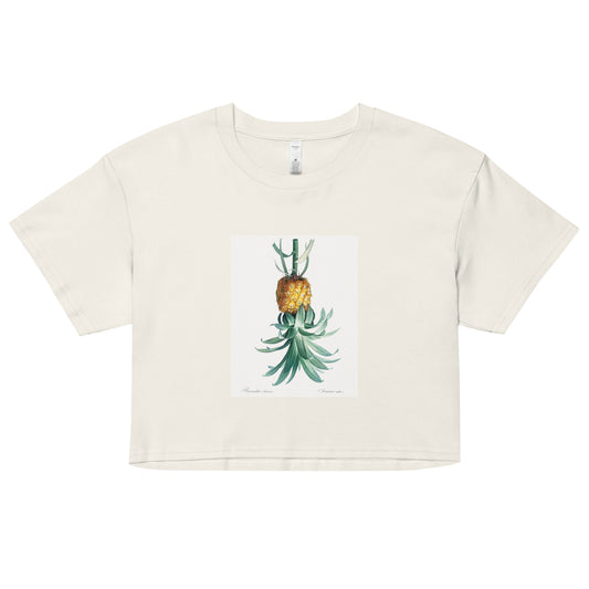 Ecru combed cotton crop top with vintage reverse pineapple design – subtle ENM symbol tee for open-minded lifestyle and discreet self-expression