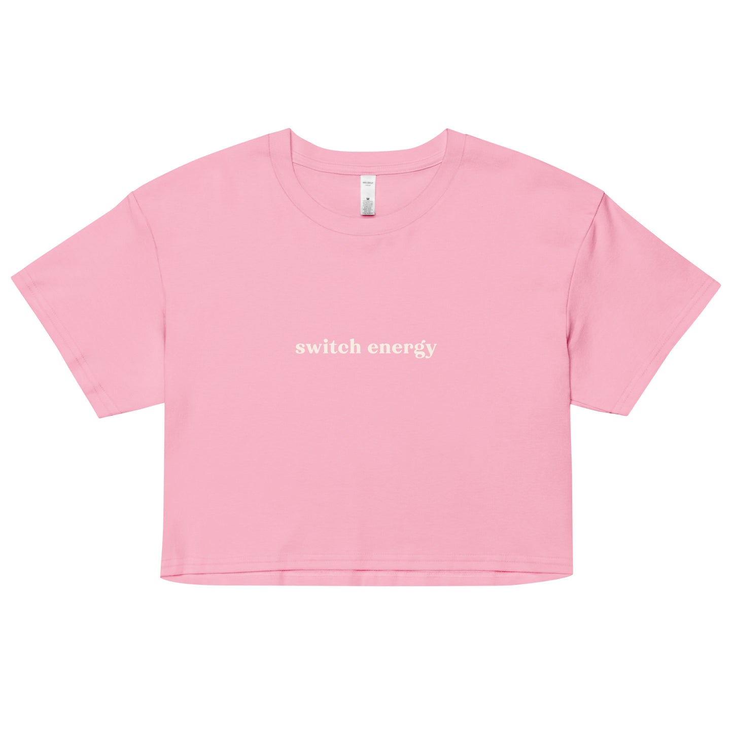 Crop top with cream text saying “Switch Energy” for versatile, play-friendly statement wear and bold expression.
