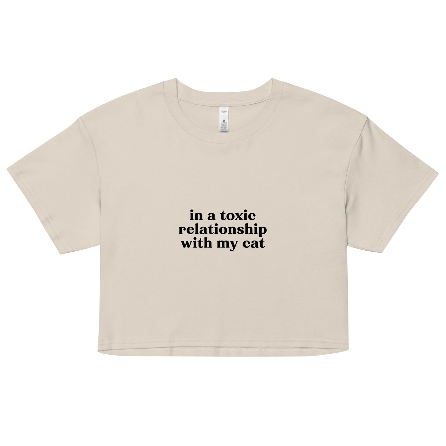 Colorful crop top with black toxic cat relationship quote – soft sarcastic tee for jaded cat lovers and introverted humor wear