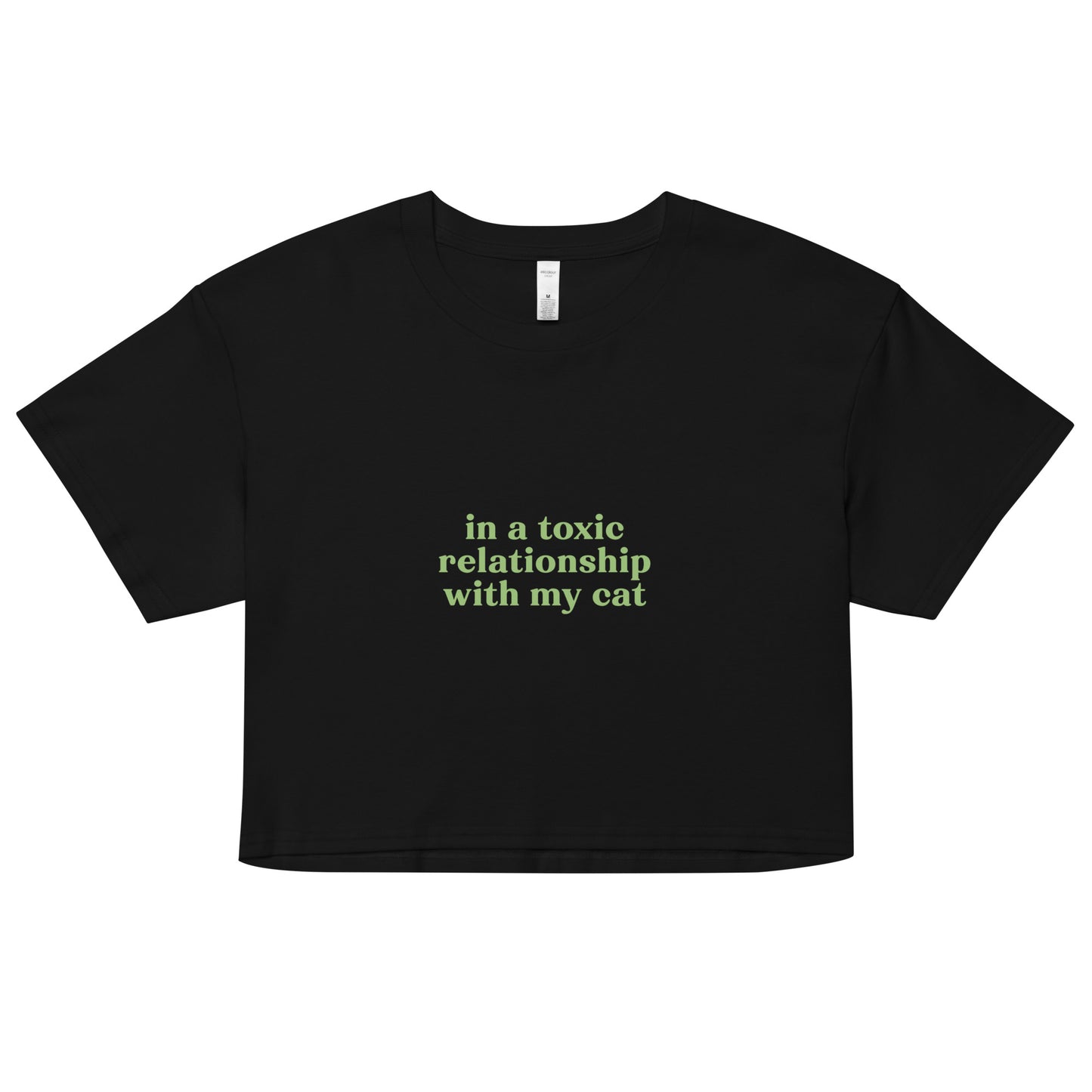 Black cotton crop top with green toxic cat relationship quote – soft sarcastic tee for jaded cat lovers and introverted humor wear