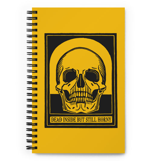 Yellow spiral notebook with vintage skull and Dead Inside quote – dark humor stationery for neurodivergent journaling and sarcastic note-taking