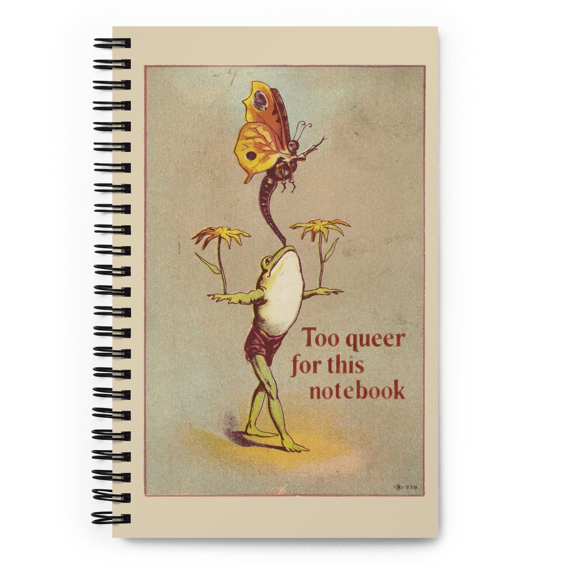 Vintage-style spiral notebook featuring a frog and butterfly with the text “Too Queer for This Card” for LGBTQ creatives.