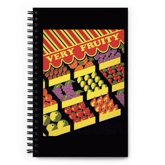 Spiral notebook with vintage Very Fruity fruit stand art – queer camp journal for sketching, creative pride planning or joyful gifting