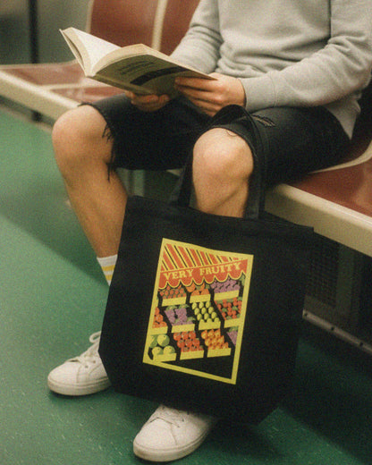 Very Fruity Eco Tote Bag – Black Queer Campy Accessory with Vintage Fruit Stand Design