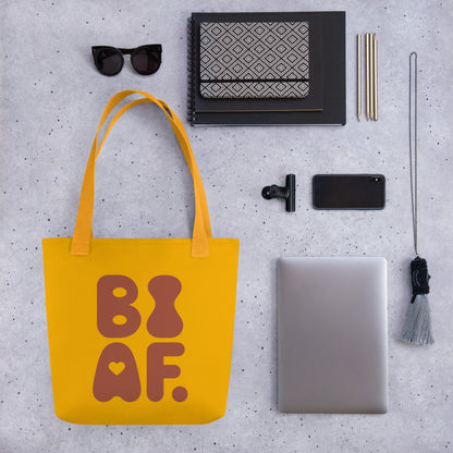 BI AF Bisexual Pride Tote Bag – Mustard & Terracotta LGBTQ+ Affirming Carryall