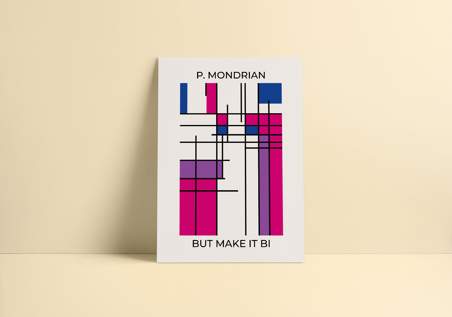A minimalist decor with abstract poster with bisexual pride colors in Mondrian style.