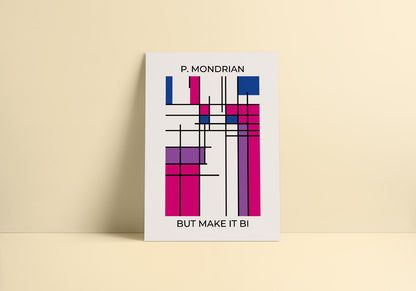A minimalist decor with abstract poster with bisexual pride colors in Mondrian style.