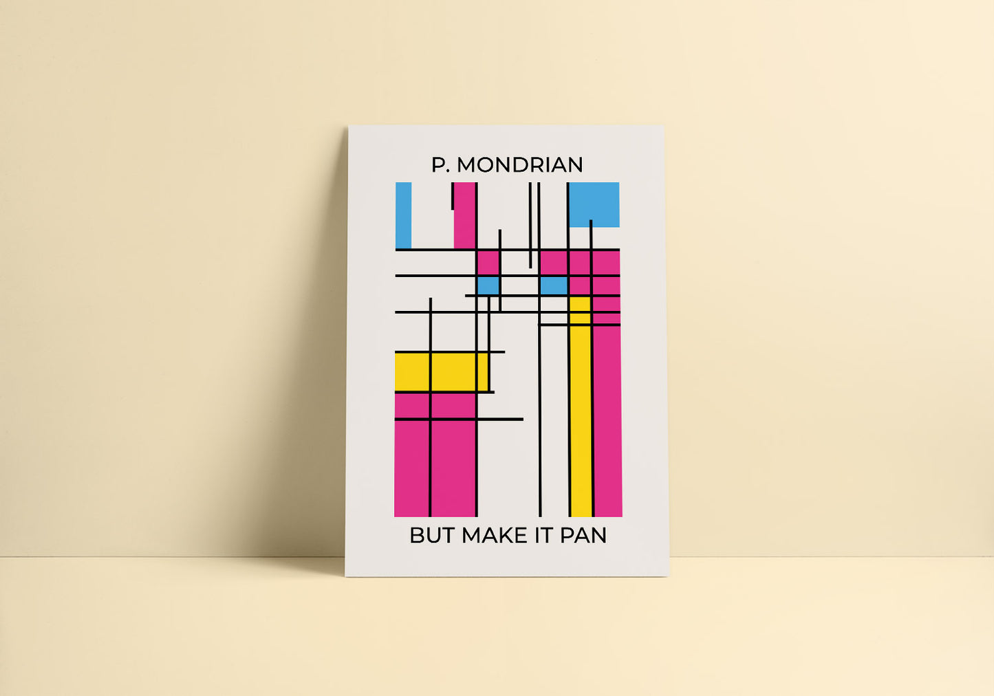 A minimalist decor with abstract poster with bisexual pride colors in Mondrian style.