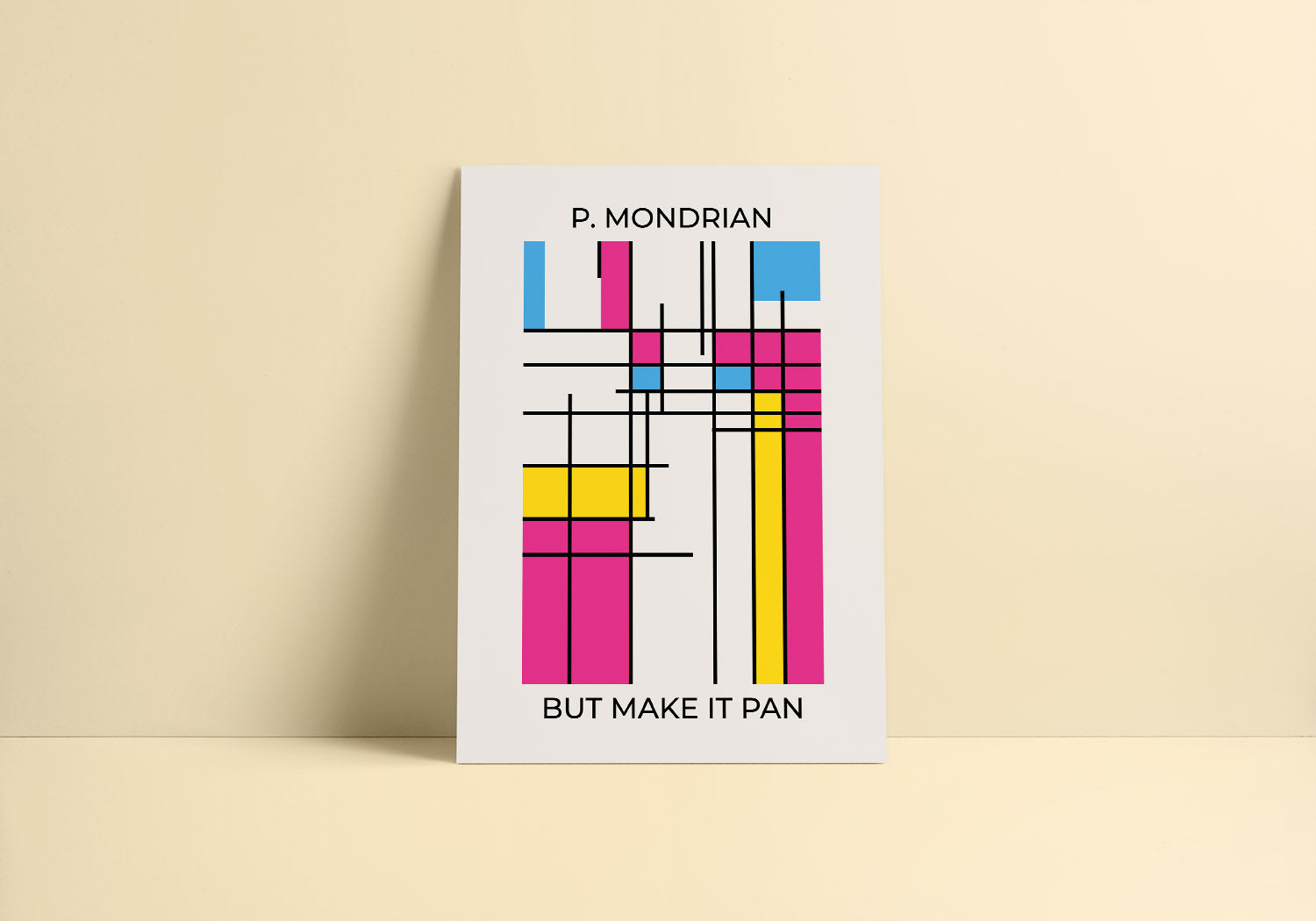 A minimalist decor with abstract poster with bisexual pride colors in Mondrian style.
