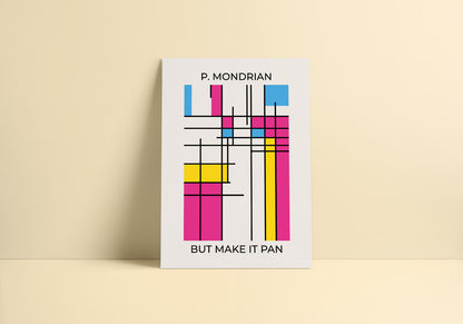 A minimalist decor with abstract poster with bisexual pride colors in Mondrian style.