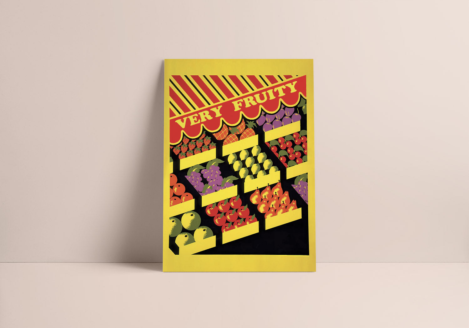 A minimalist decor with a poster on a light colored wall features queer aesthetic digital art with bold colors and humor.