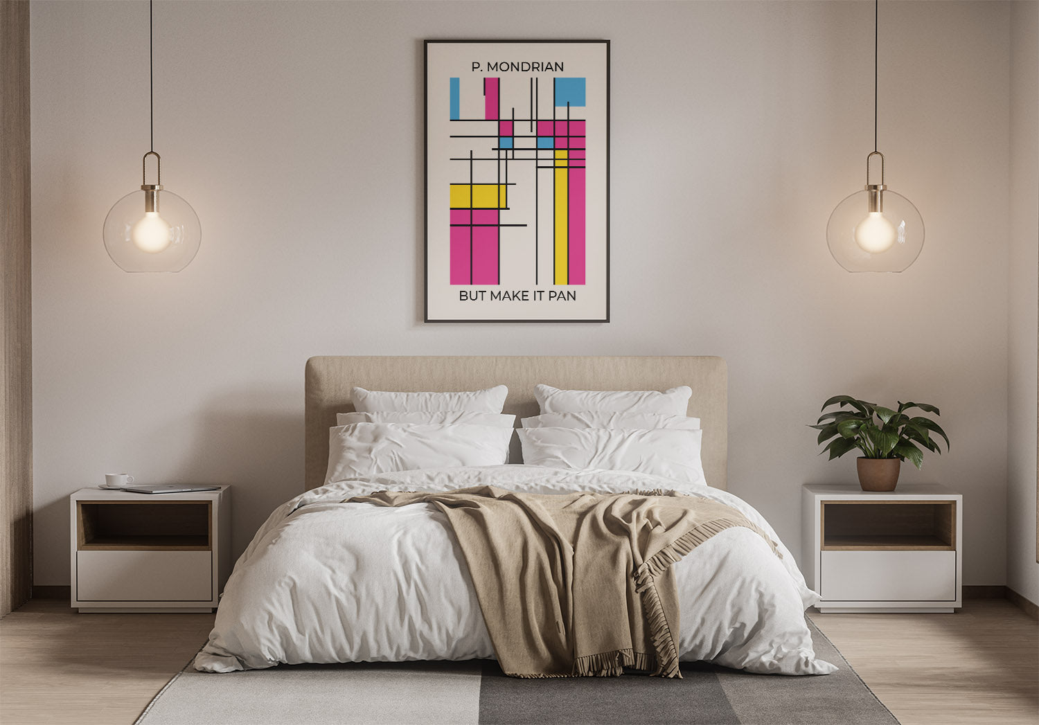 Cozy bedroom with a bed, white bedding, a throw, and a framed pansexual poster with bold geometric design.