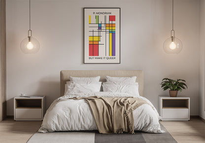 Cozy bedroom with a bed, white bedding, a throw, and a framed queer poster with bold geometric design.