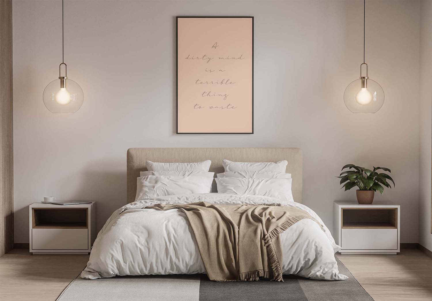 Cozy bedroom with a bed, white bedding, a throw, and a framed empowering and playful poster for modern decor. Stylish pendant lights and a plant on nightstands add warmth.